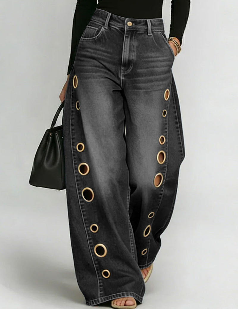 Wide-Leg Denim Pants with Gold Grommet Side Cutouts