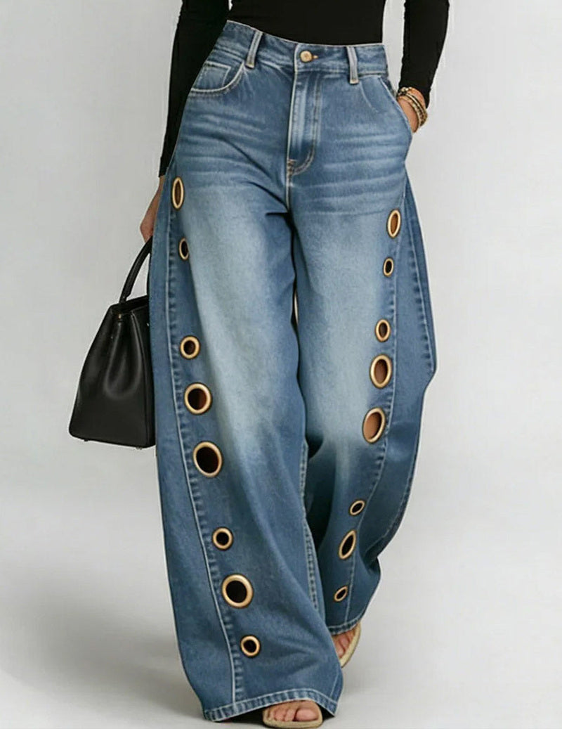 Wide-Leg Denim Pants with Gold Grommet Side Cutouts